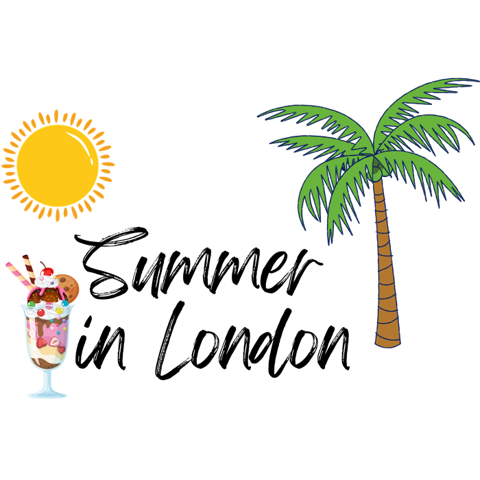 Summer in London with a sun, sundae and palm tree, on a tan cap