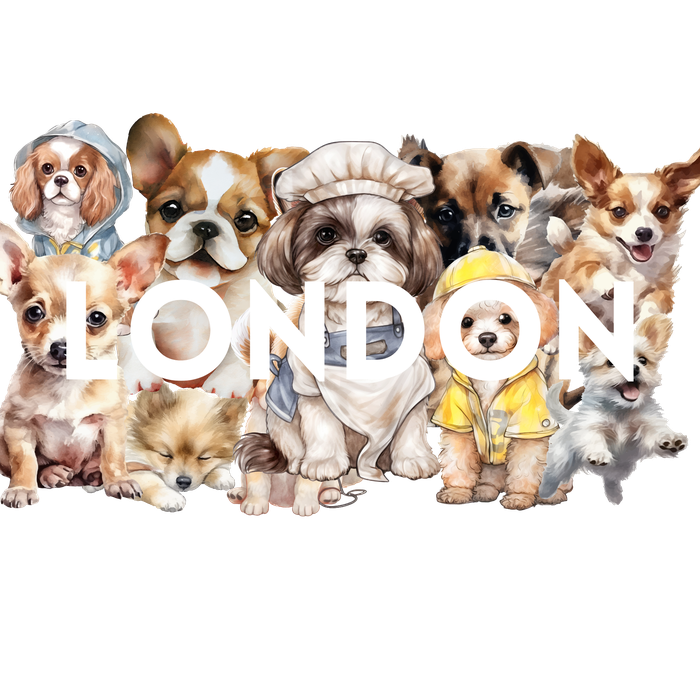 London in white letters over a pile of watercolour puppies