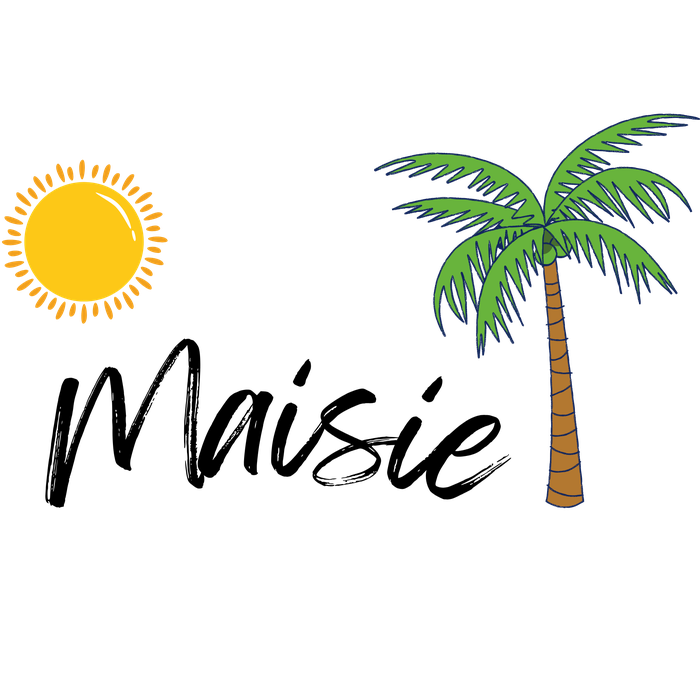 Maisie with a sun and palm tree, on a tan cap
